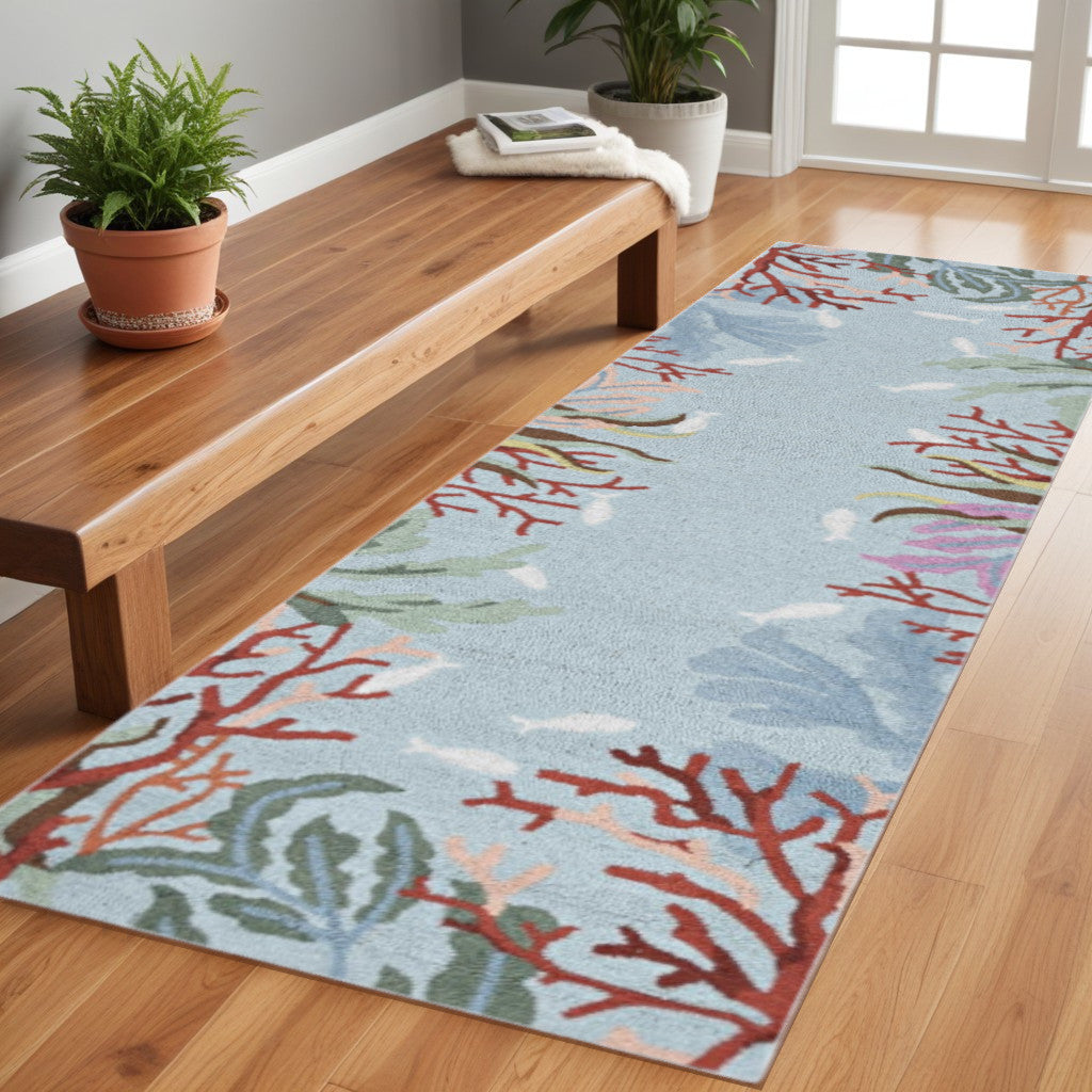 8' Blue Red And Pink Fish and Coral Hand Hooked Runner Rug-Area Rugs-DECOROLALA