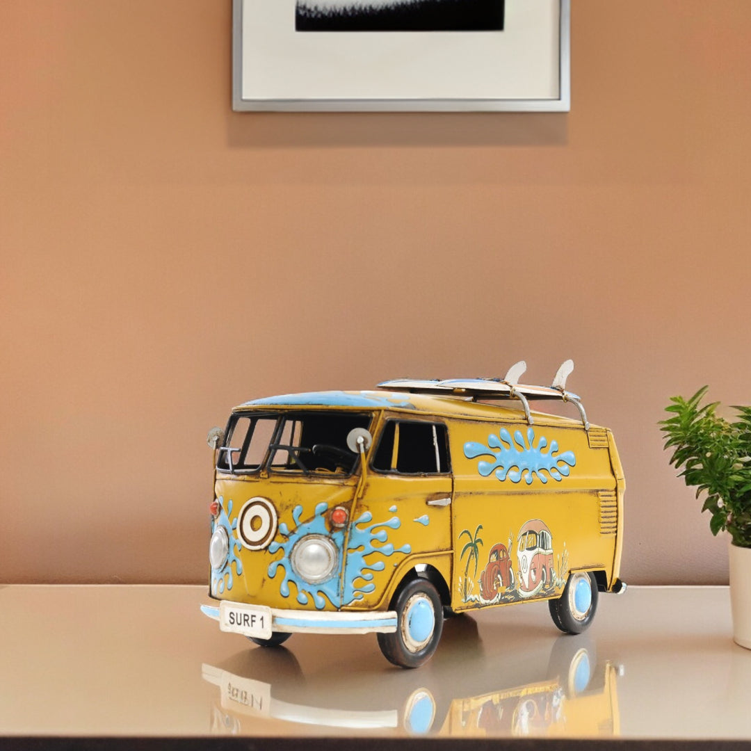 8" Blue and Yellow Metal Hand Painted c1967 Volkswagen Deluxe Model Car-Sculptures-DECOROLALA