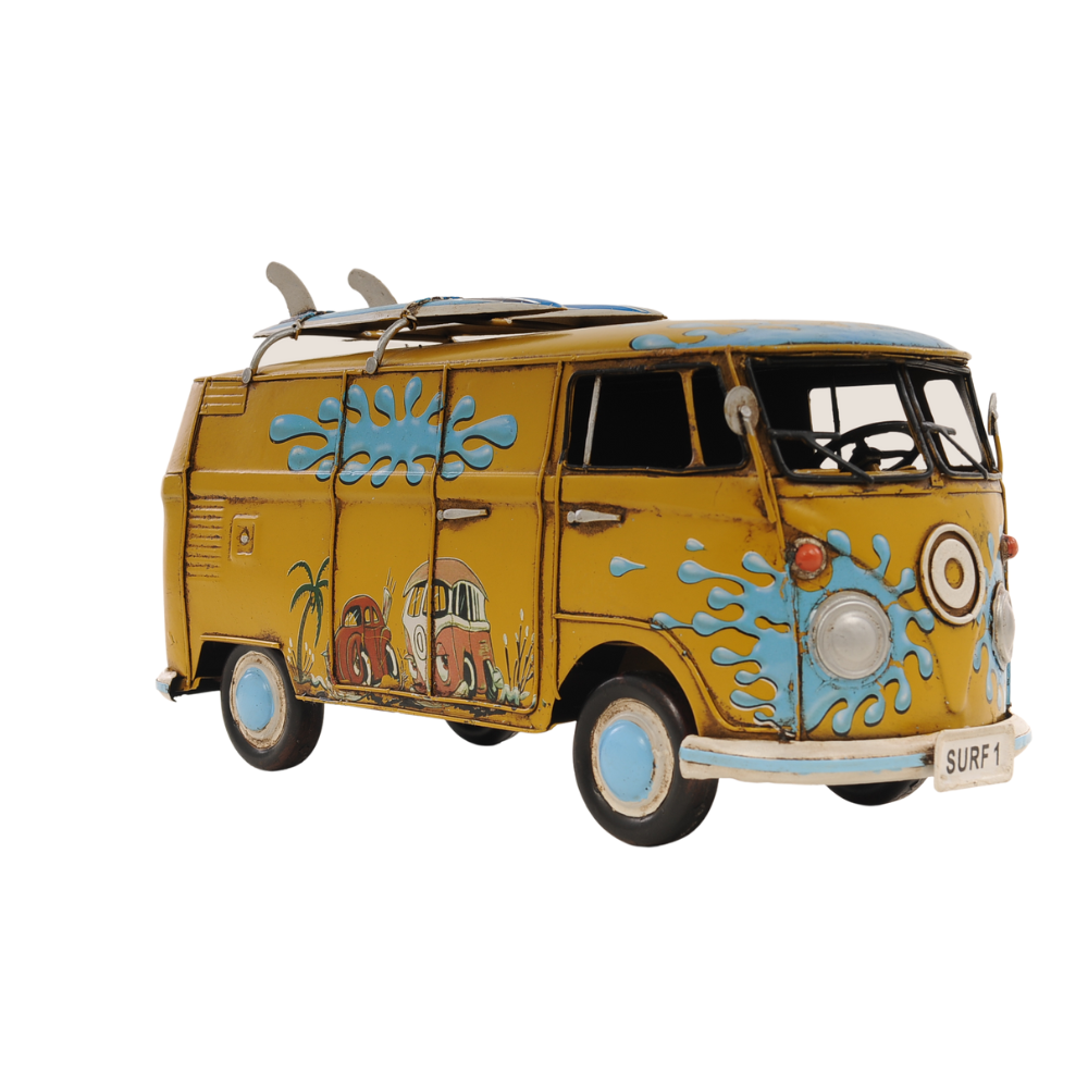 8" Blue and Yellow Metal Hand Painted c1967 Volkswagen Deluxe Model Car-Sculptures-DECOROLALA