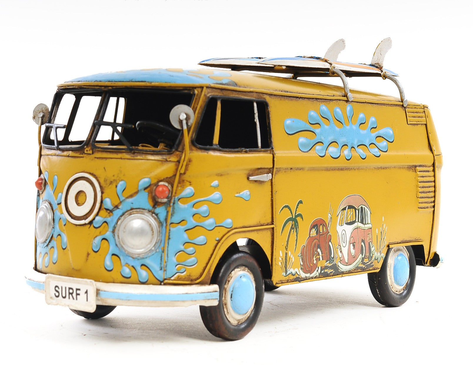 8" Blue and Yellow Metal Hand Painted c1967 Volkswagen Deluxe Model Car-Sculptures-DECOROLALA
