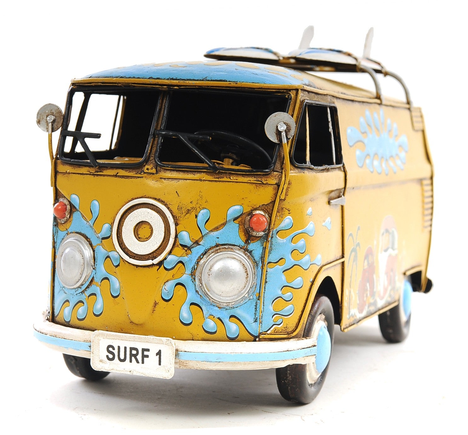 8" Blue and Yellow Metal Hand Painted c1967 Volkswagen Deluxe Model Car-Sculptures-DECOROLALA