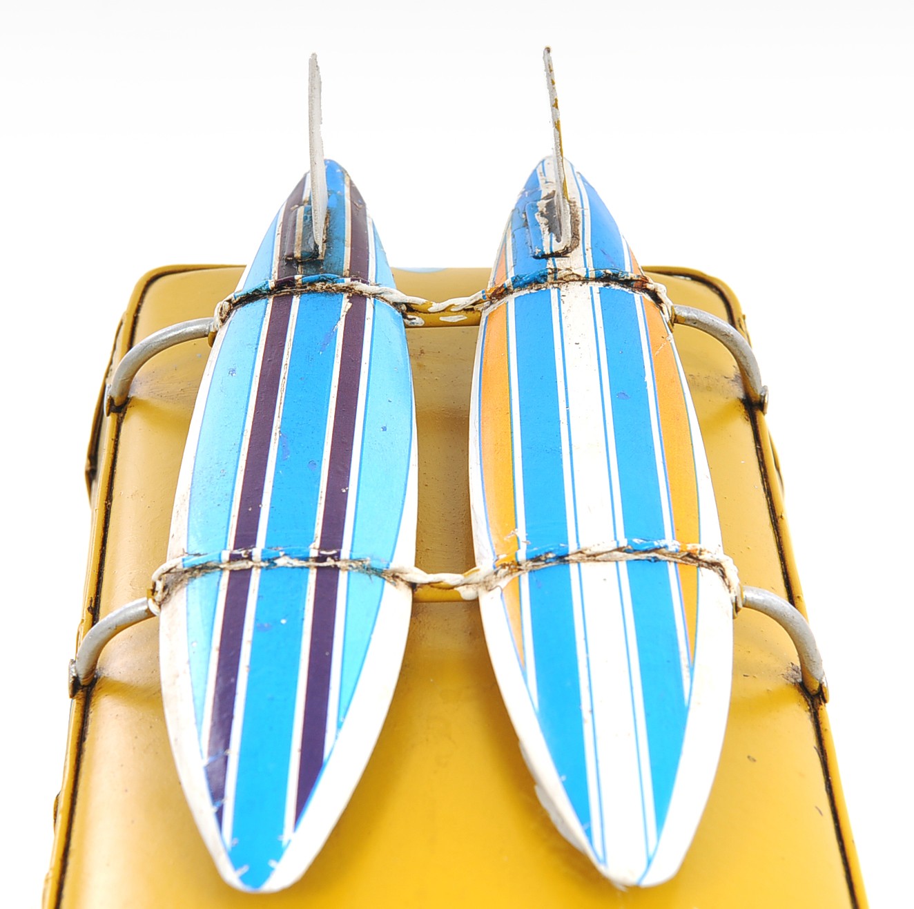 8" Blue and Yellow Metal Hand Painted c1967 Volkswagen Deluxe Model Car-Sculptures-DECOROLALA