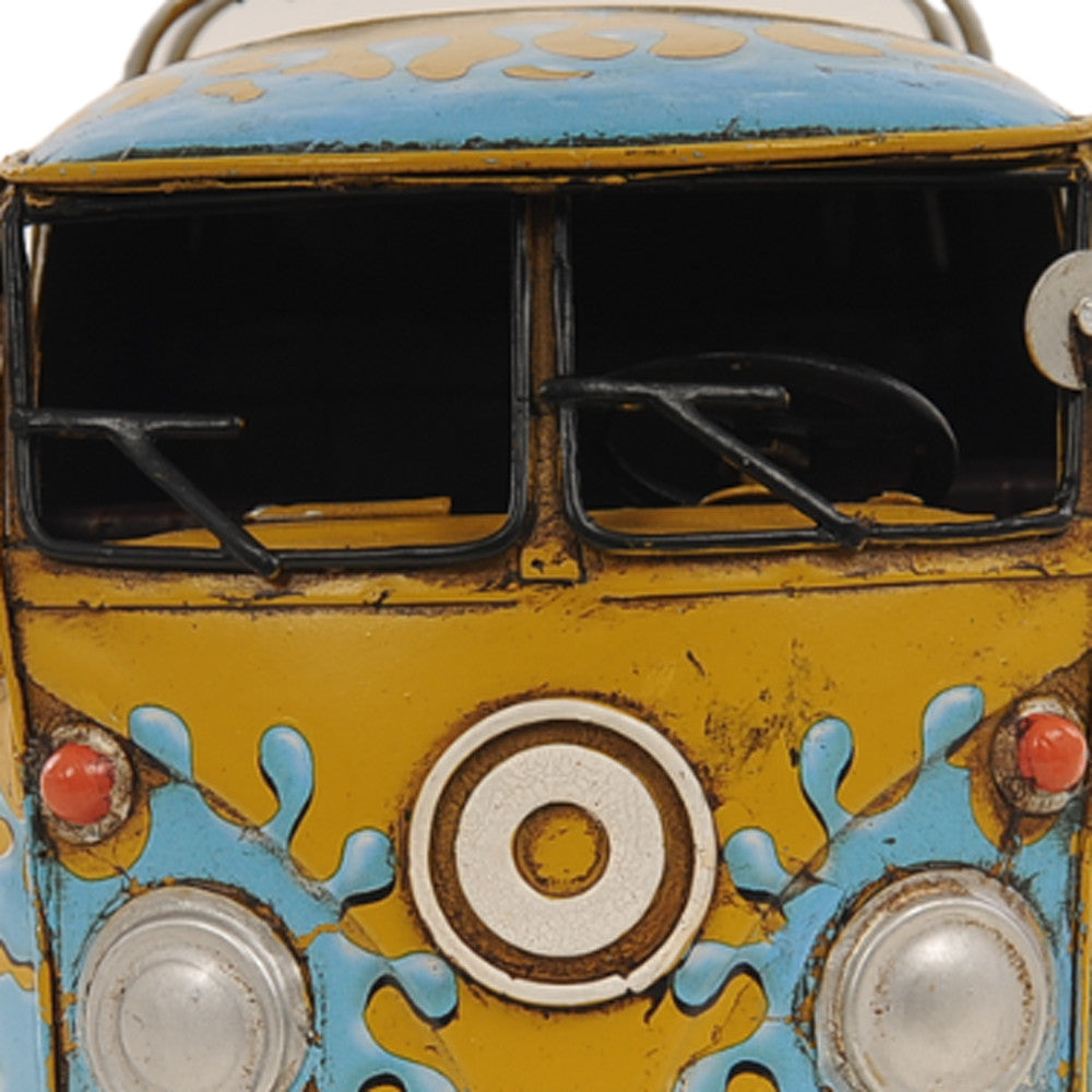 8" Blue and Yellow Metal Hand Painted c1967 Volkswagen Deluxe Model Car-Sculptures-DECOROLALA