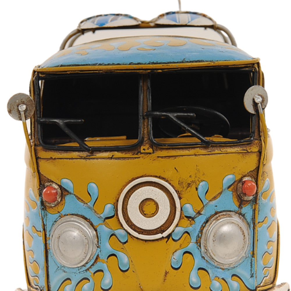 8" Blue and Yellow Metal Hand Painted c1967 Volkswagen Deluxe Model Car-Sculptures-DECOROLALA