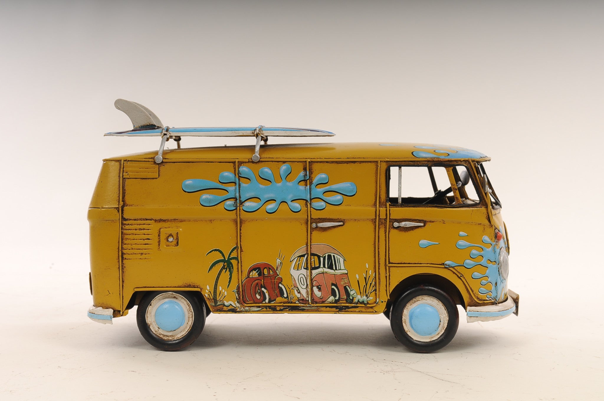 8" Blue and Yellow Metal Hand Painted c1967 Volkswagen Deluxe Model Car-Sculptures-DECOROLALA