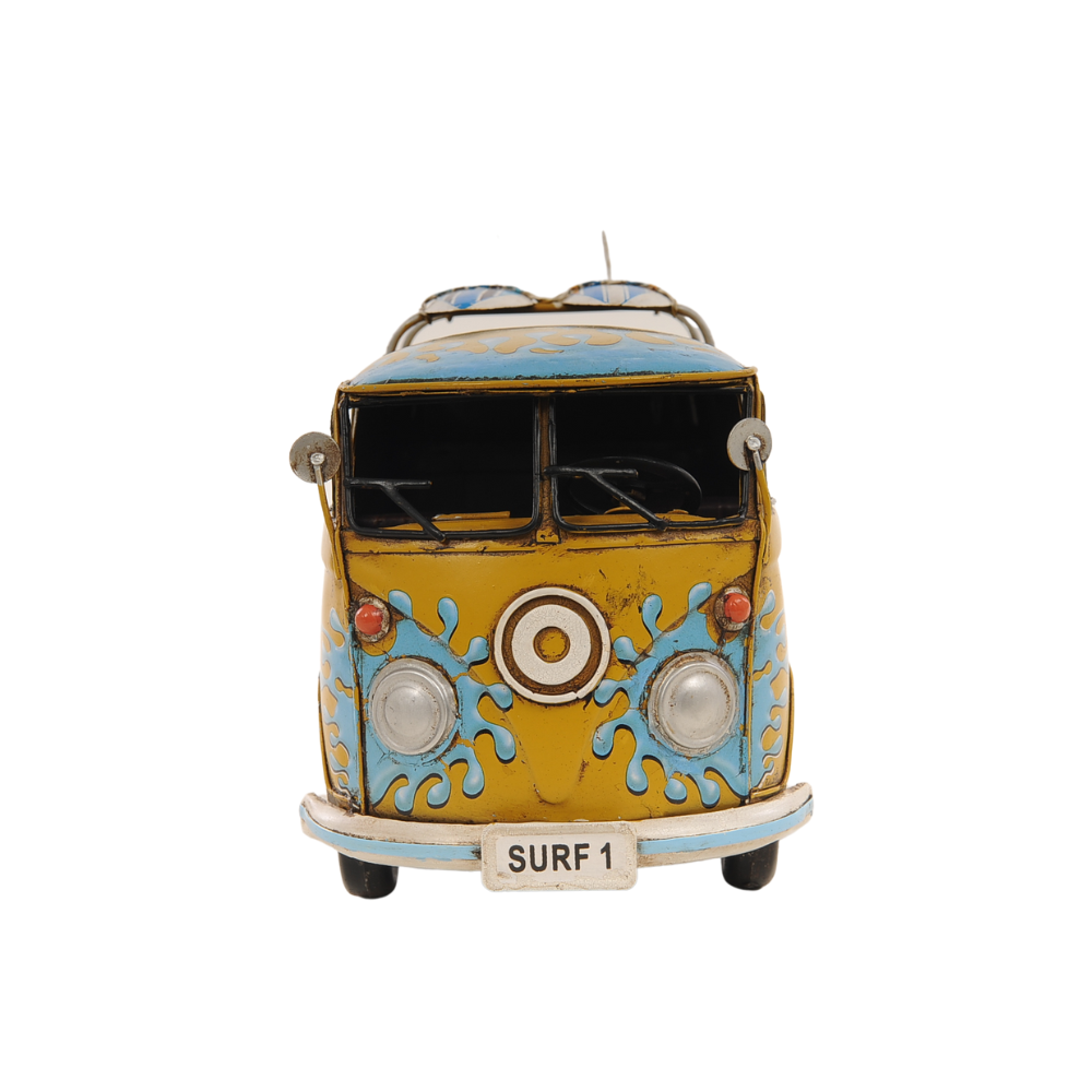 8" Blue and Yellow Metal Hand Painted c1967 Volkswagen Deluxe Model Car-Sculptures-DECOROLALA