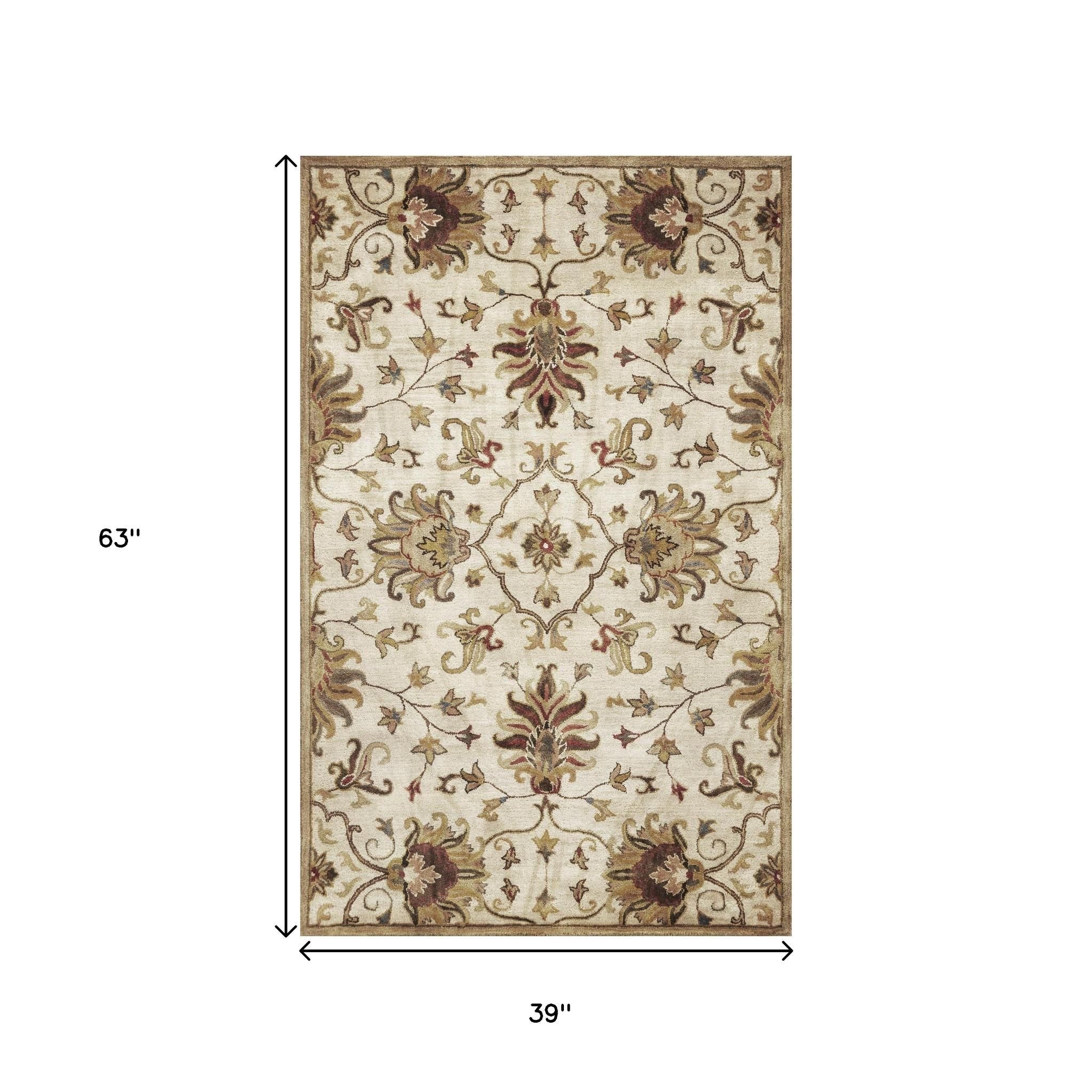 8' Champagne Red And Brown Wool Floral Medallion Hand Tufted Runner Rug-Area Rugs-DECOROLALA