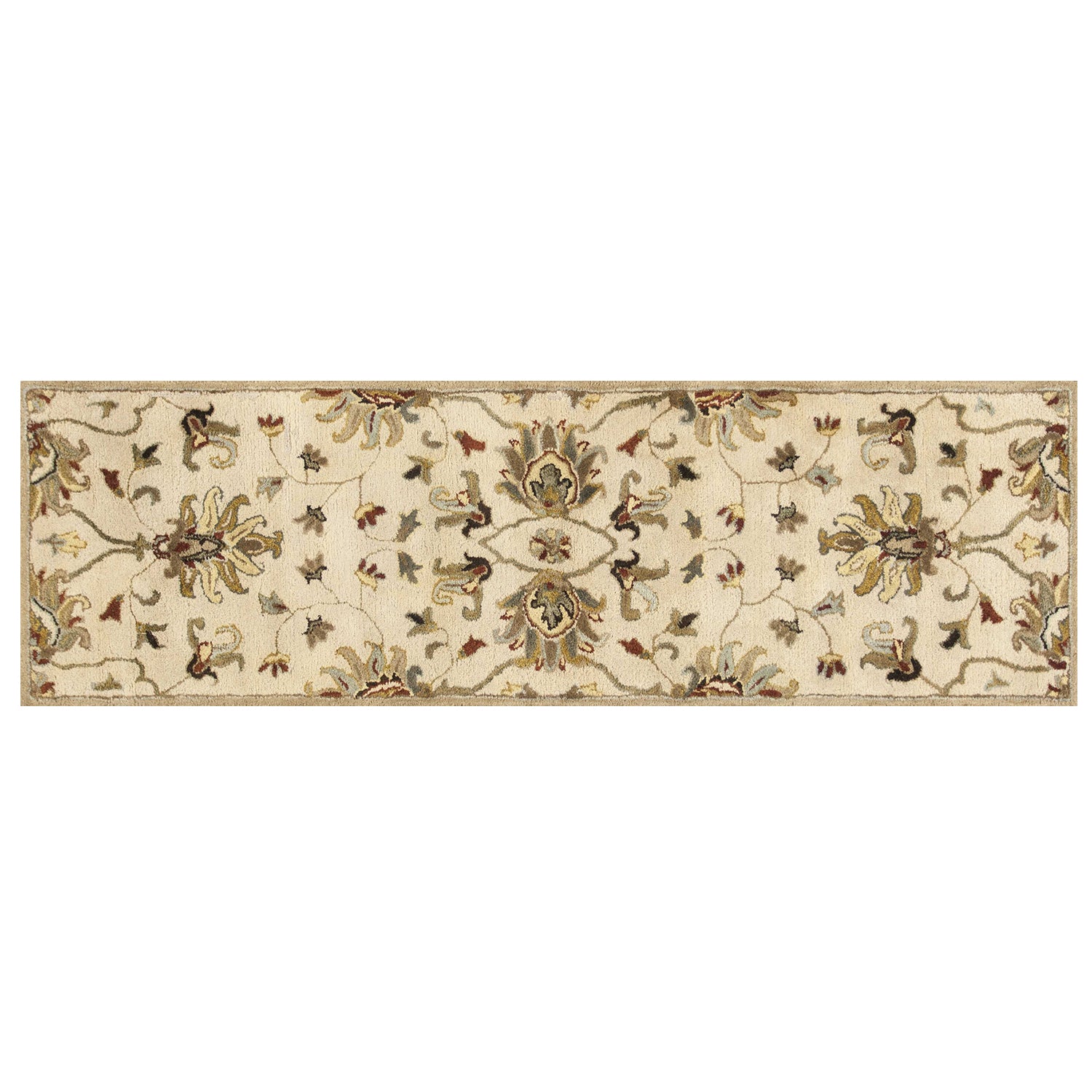 8' Champagne Red And Brown Wool Floral Medallion Hand Tufted Runner Rug-Area Rugs-DECOROLALA