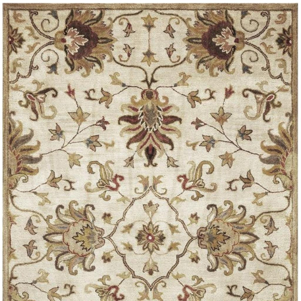8' Champagne Red And Brown Wool Floral Medallion Hand Tufted Runner Rug-Area Rugs-DECOROLALA