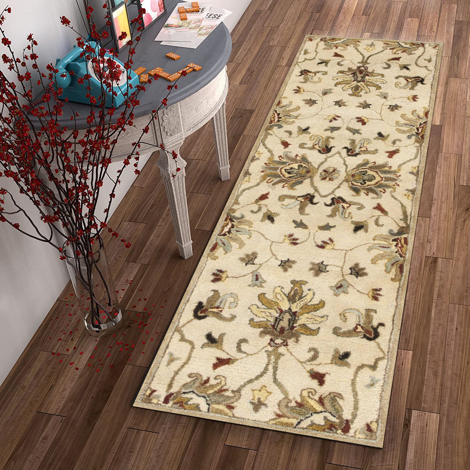 8' Champagne Red And Brown Wool Floral Medallion Hand Tufted Runner Rug-Area Rugs-DECOROLALA