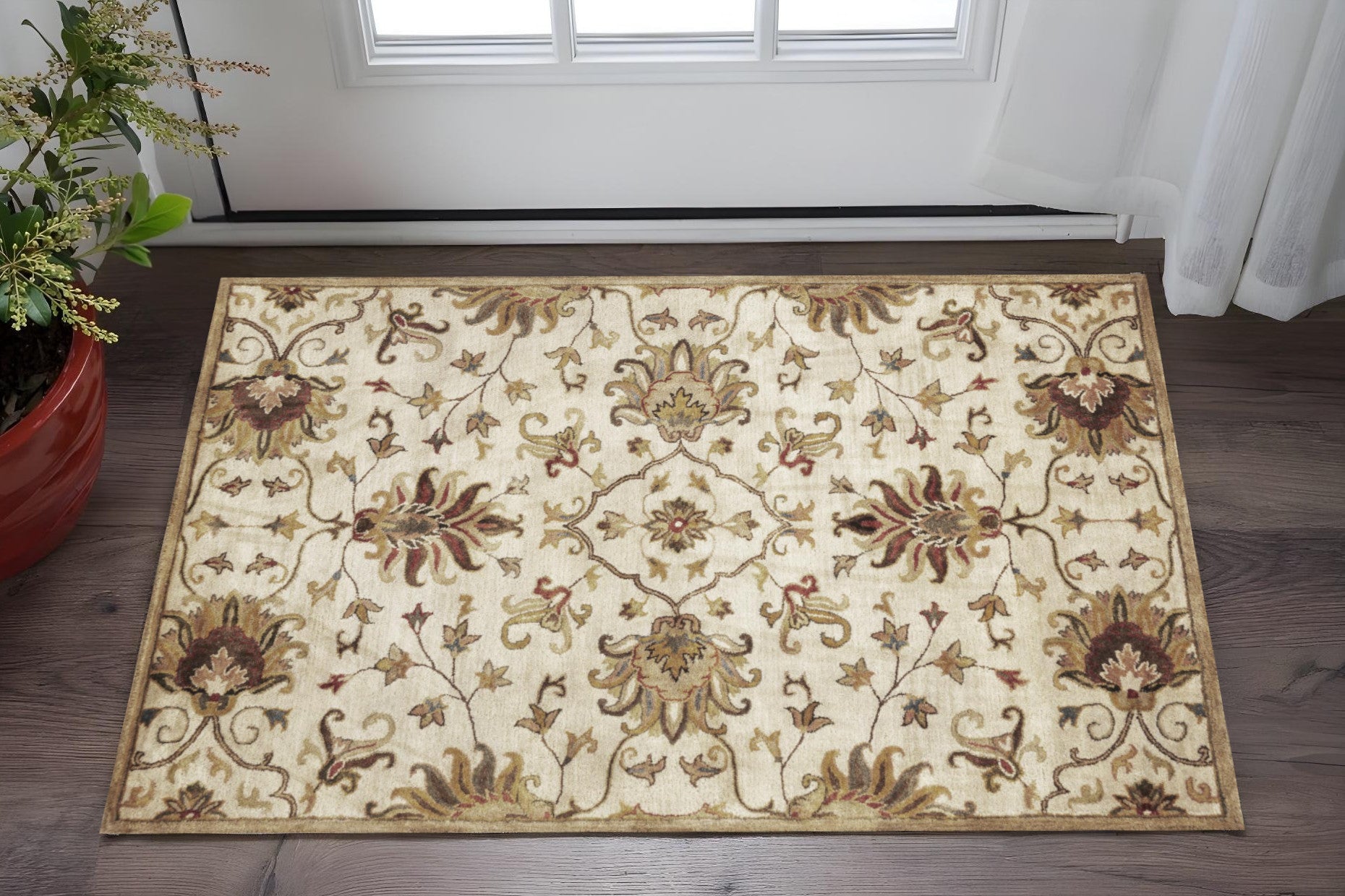 8' Champagne Red And Brown Wool Floral Medallion Hand Tufted Runner Rug-Area Rugs-DECOROLALA