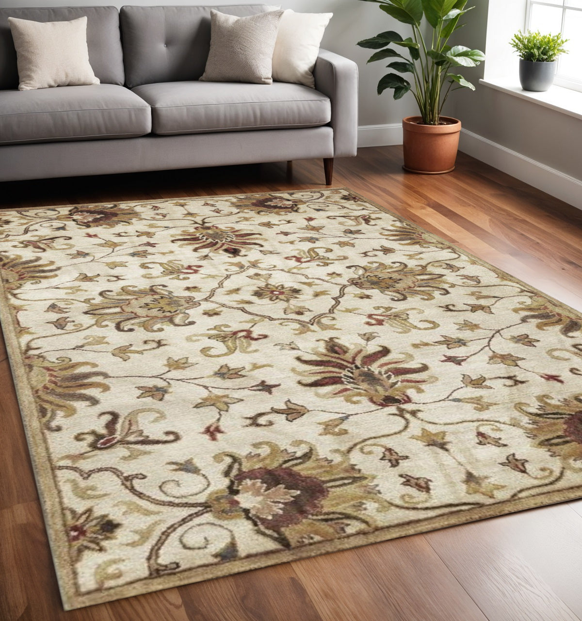 8' Champagne Red And Brown Wool Floral Medallion Hand Tufted Runner Rug-Area Rugs-DECOROLALA