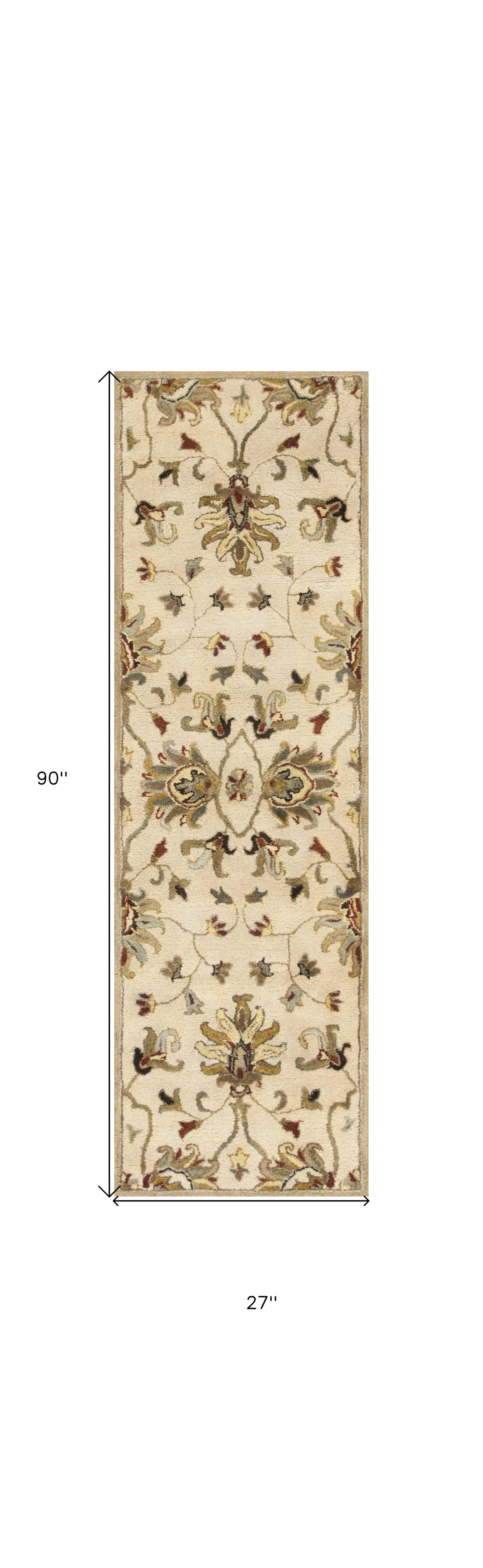 8' Champagne Red And Brown Wool Floral Medallion Hand Tufted Runner Rug-Area Rugs-DECOROLALA