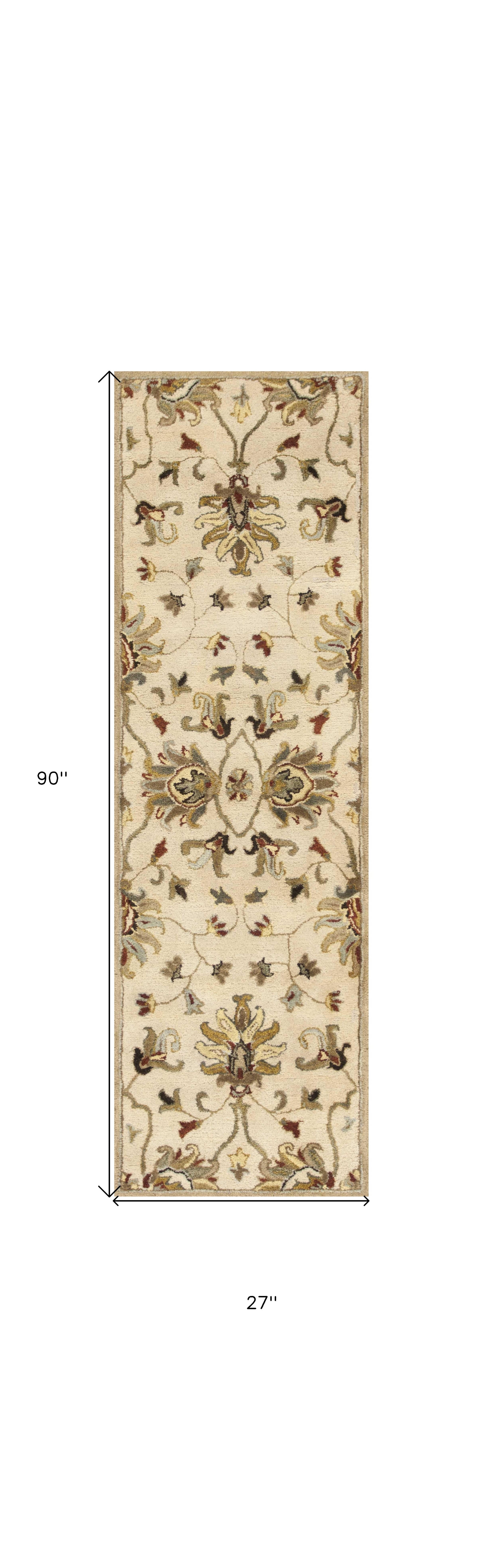 8' Champagne Red And Brown Wool Floral Medallion Hand Tufted Runner Rug-Area Rugs-DECOROLALA