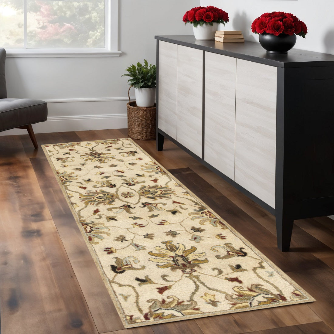 8' Champagne Red And Brown Wool Floral Medallion Hand Tufted Runner Rug-Area Rugs-DECOROLALA