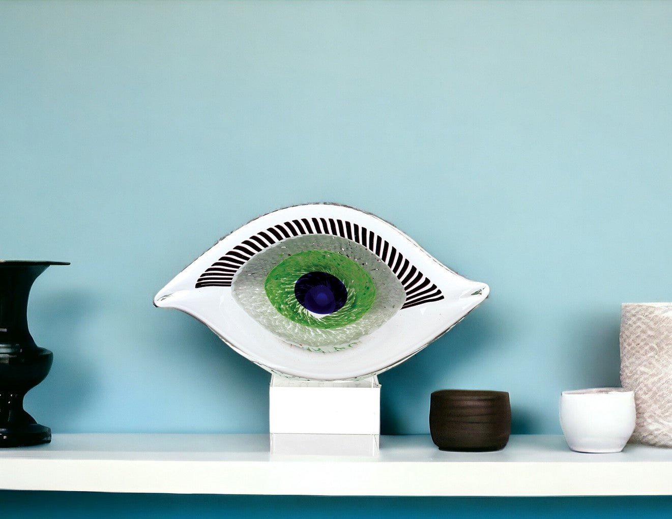 8" Clear Blue and Green Murano Glass Modern Abstract Tabletop Sculpture-Sculptures-DECOROLALA