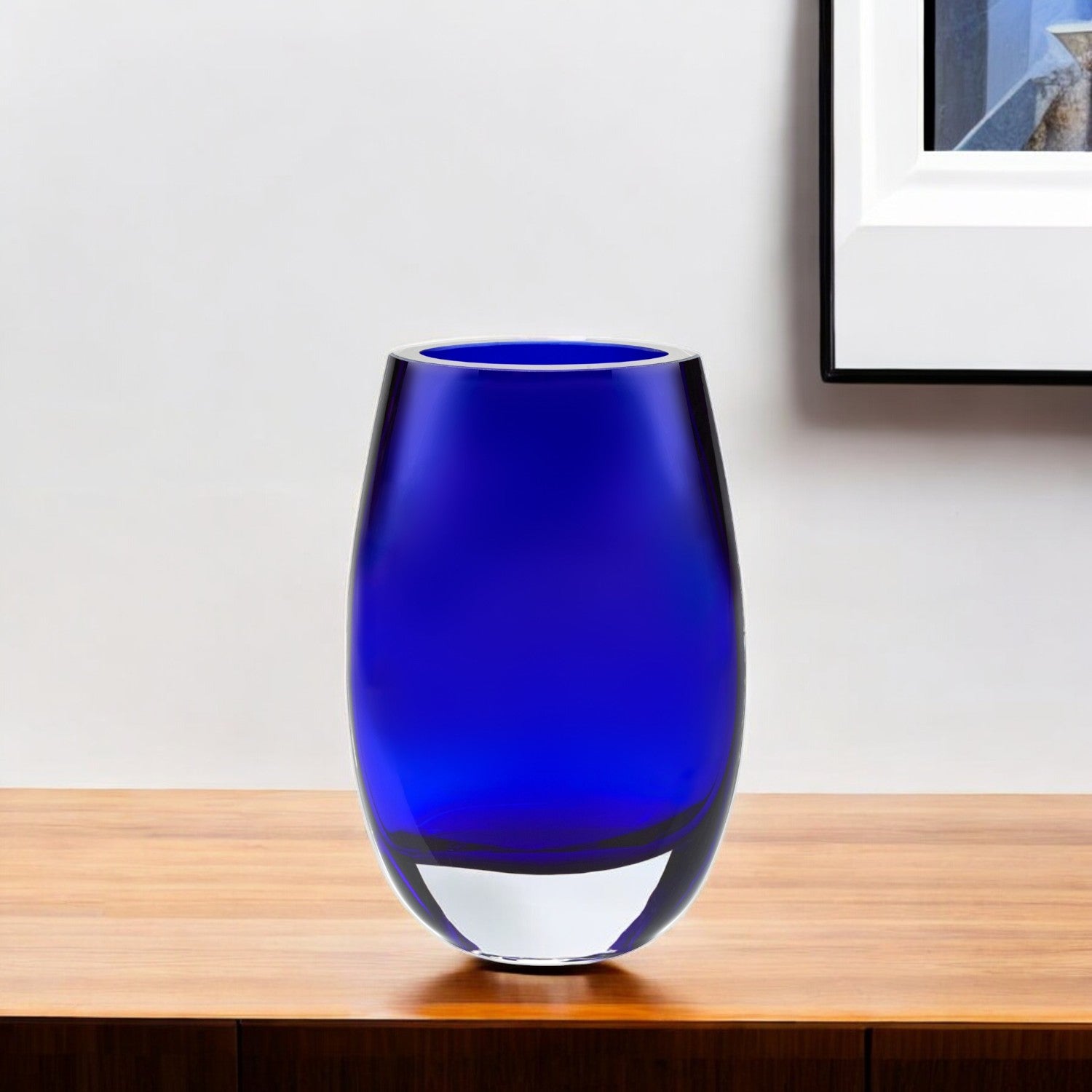 8" Cobalt And Clear Oval Lead Free Crystal Table Vase-Vases-DECOROLALA