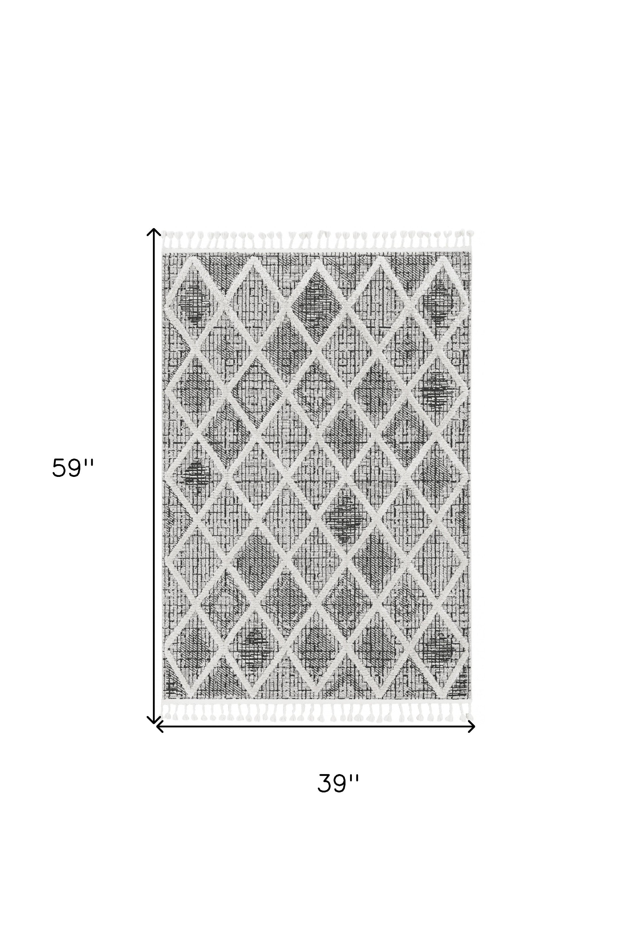 8' Cream And Charcoal Geometric Runner Rug-Area Rugs-DECOROLALA