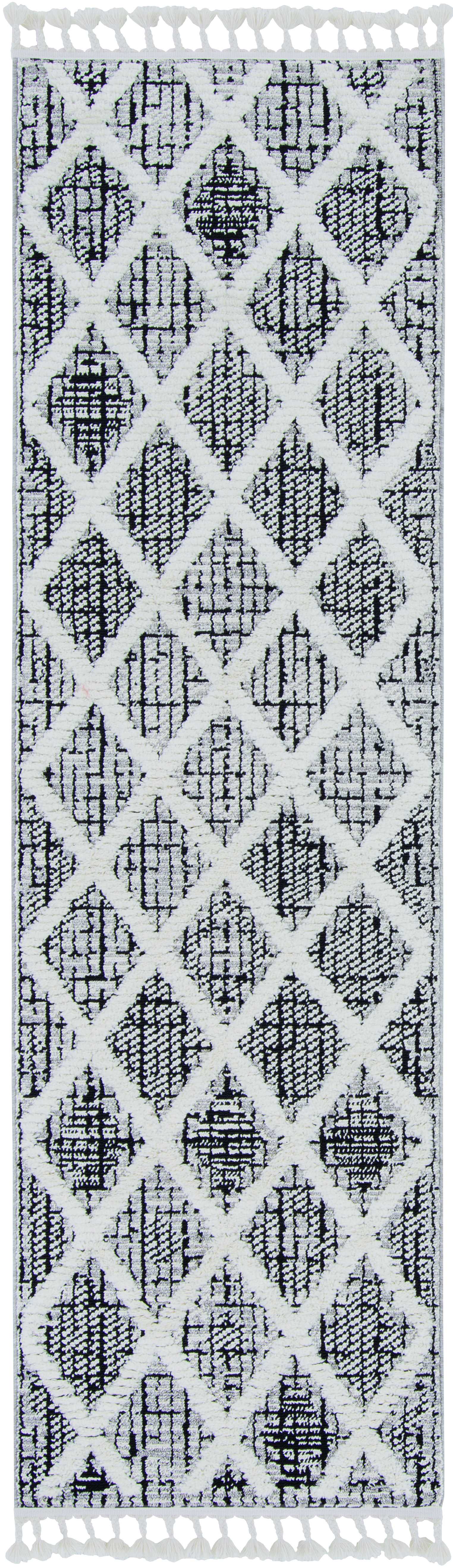 8' Cream And Charcoal Geometric Runner Rug-Area Rugs-DECOROLALA