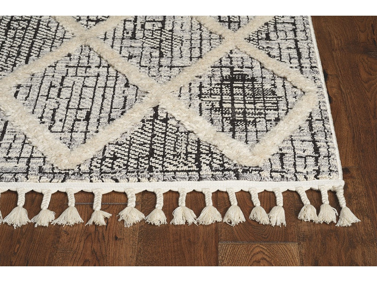 8' Cream And Charcoal Geometric Runner Rug-Area Rugs-DECOROLALA