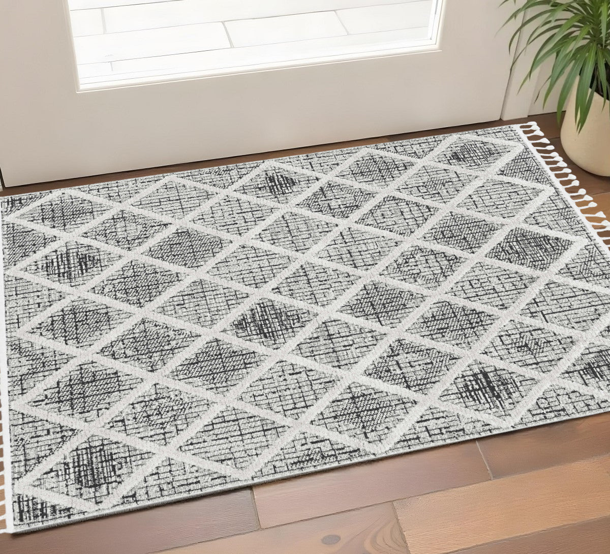 8' Cream And Charcoal Geometric Runner Rug-Area Rugs-DECOROLALA