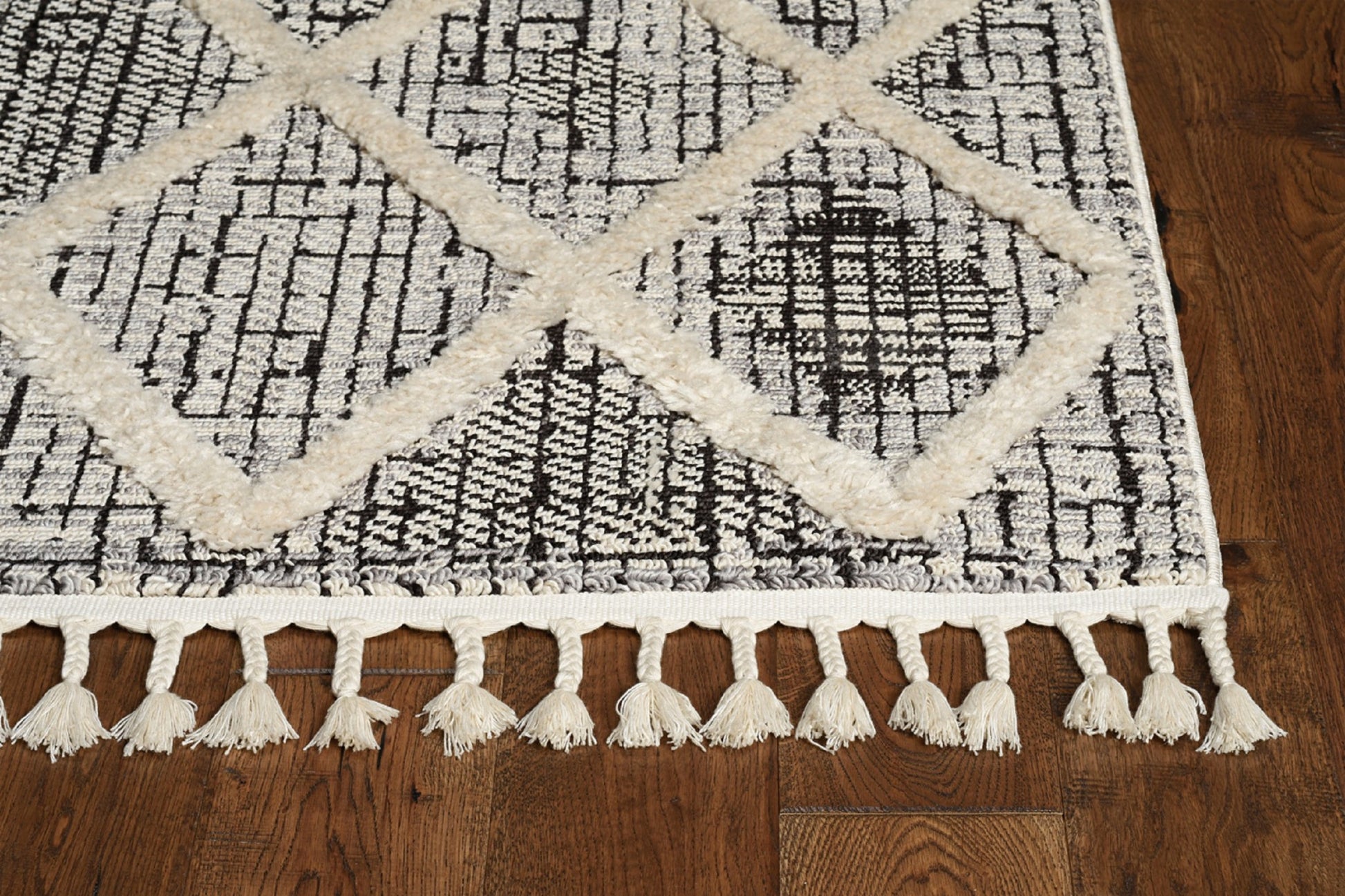 8' Cream And Charcoal Geometric Runner Rug-Area Rugs-DECOROLALA