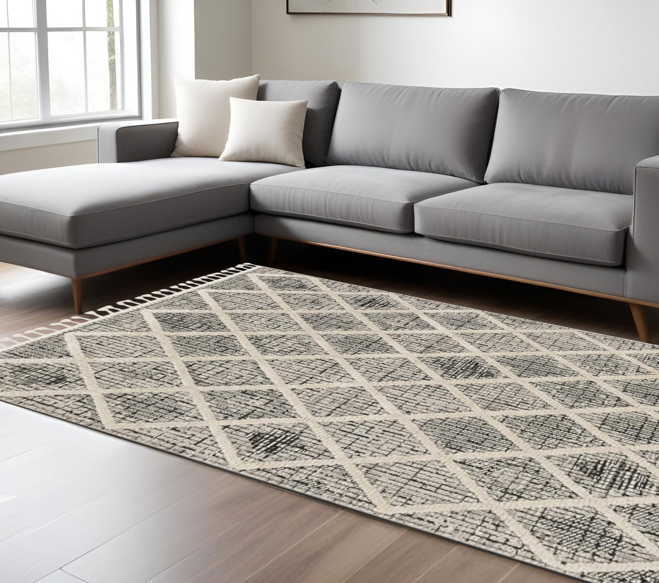 8' Cream And Charcoal Geometric Runner Rug-Area Rugs-DECOROLALA