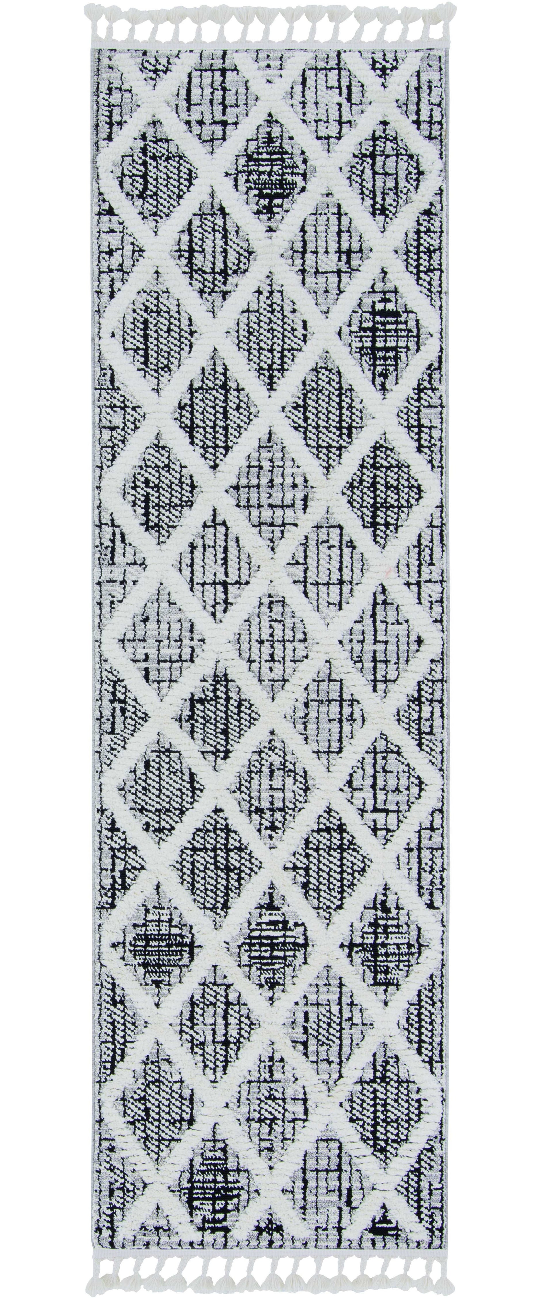 8' Cream And Charcoal Geometric Runner Rug-Area Rugs-DECOROLALA