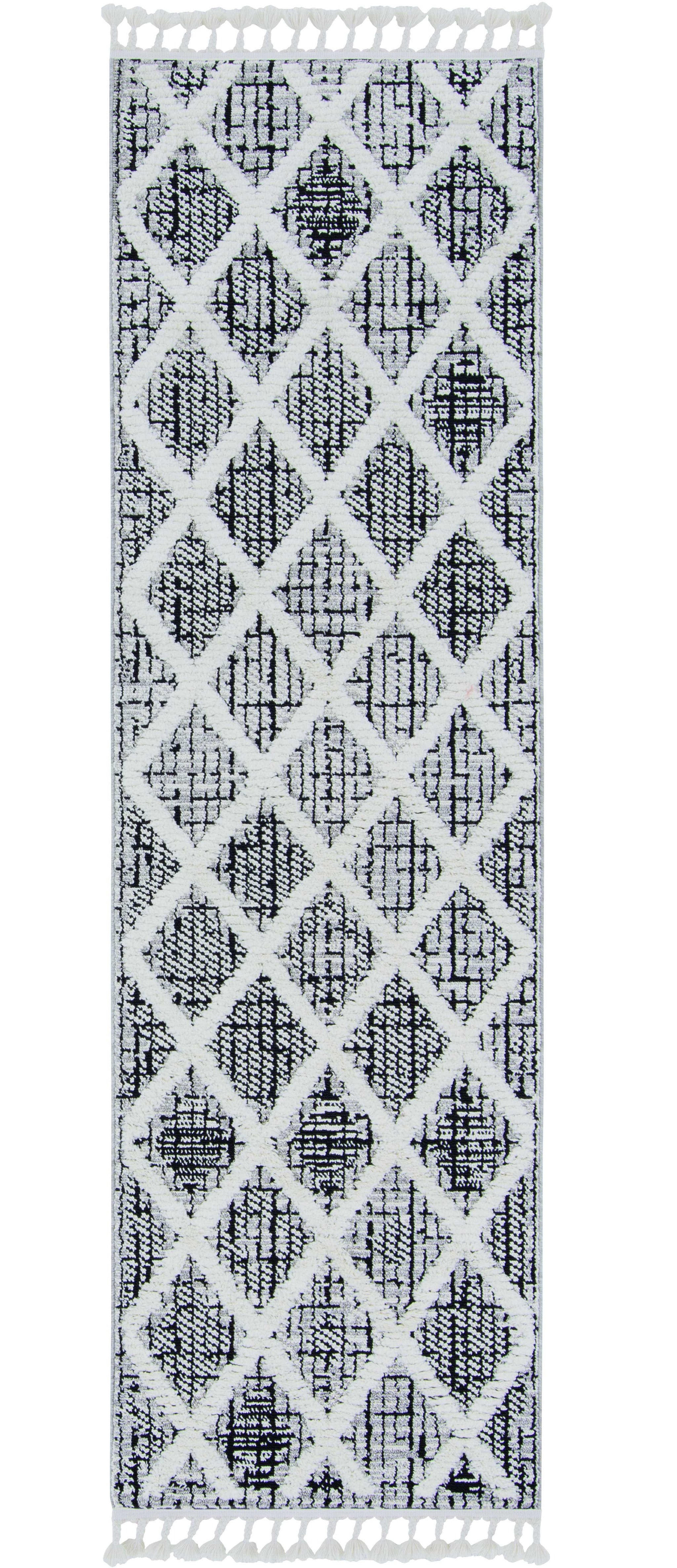 8' Cream And Charcoal Geometric Runner Rug-Area Rugs-DECOROLALA