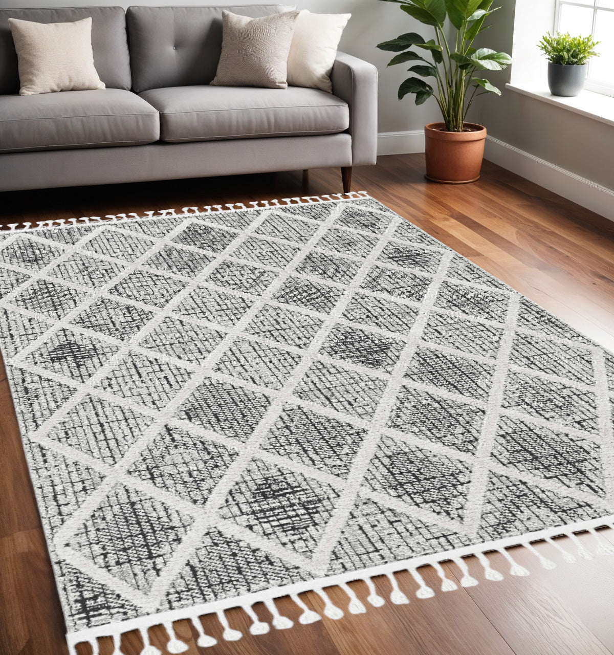 8' Cream And Charcoal Geometric Runner Rug-Area Rugs-DECOROLALA