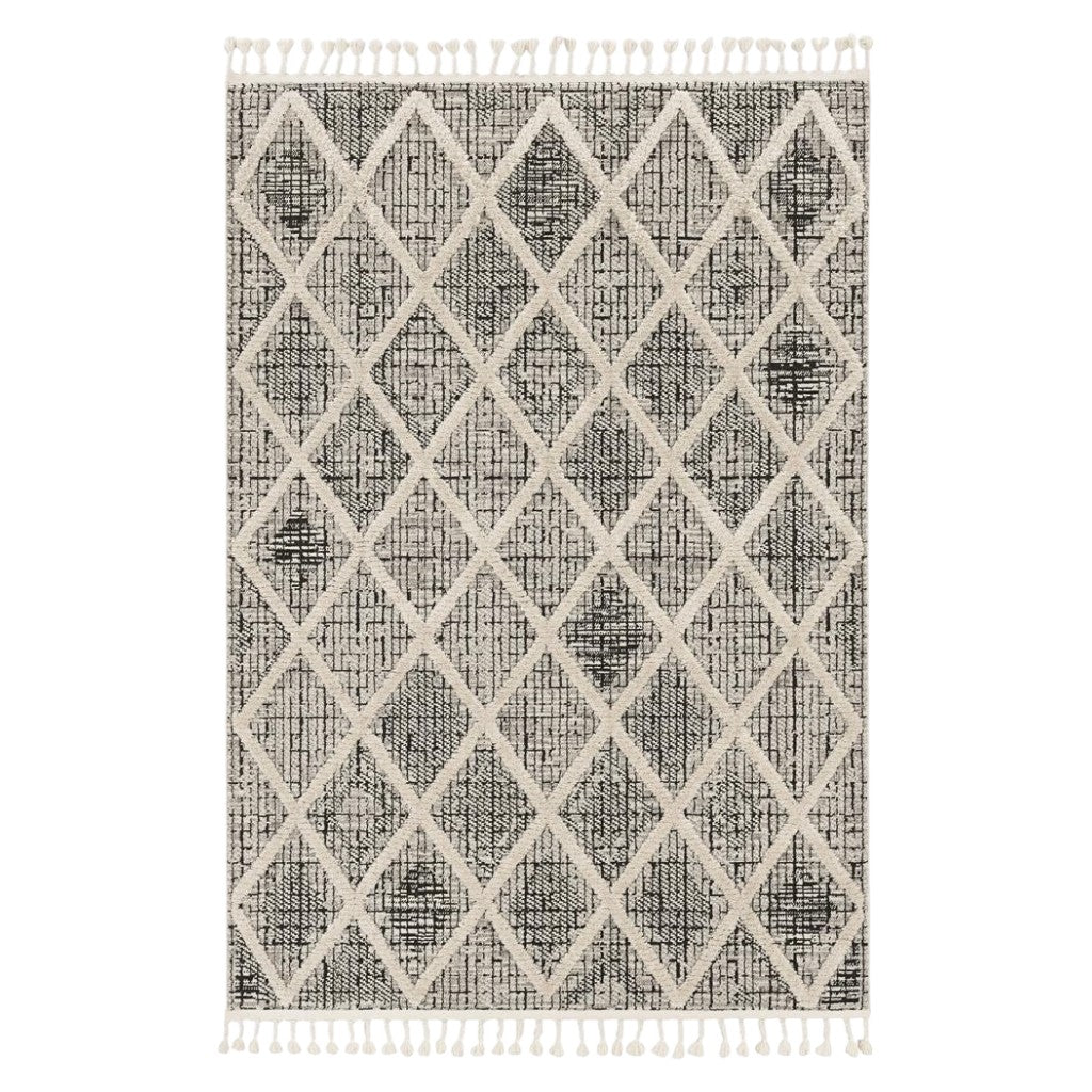 8' Cream And Charcoal Geometric Runner Rug-Area Rugs-DECOROLALA