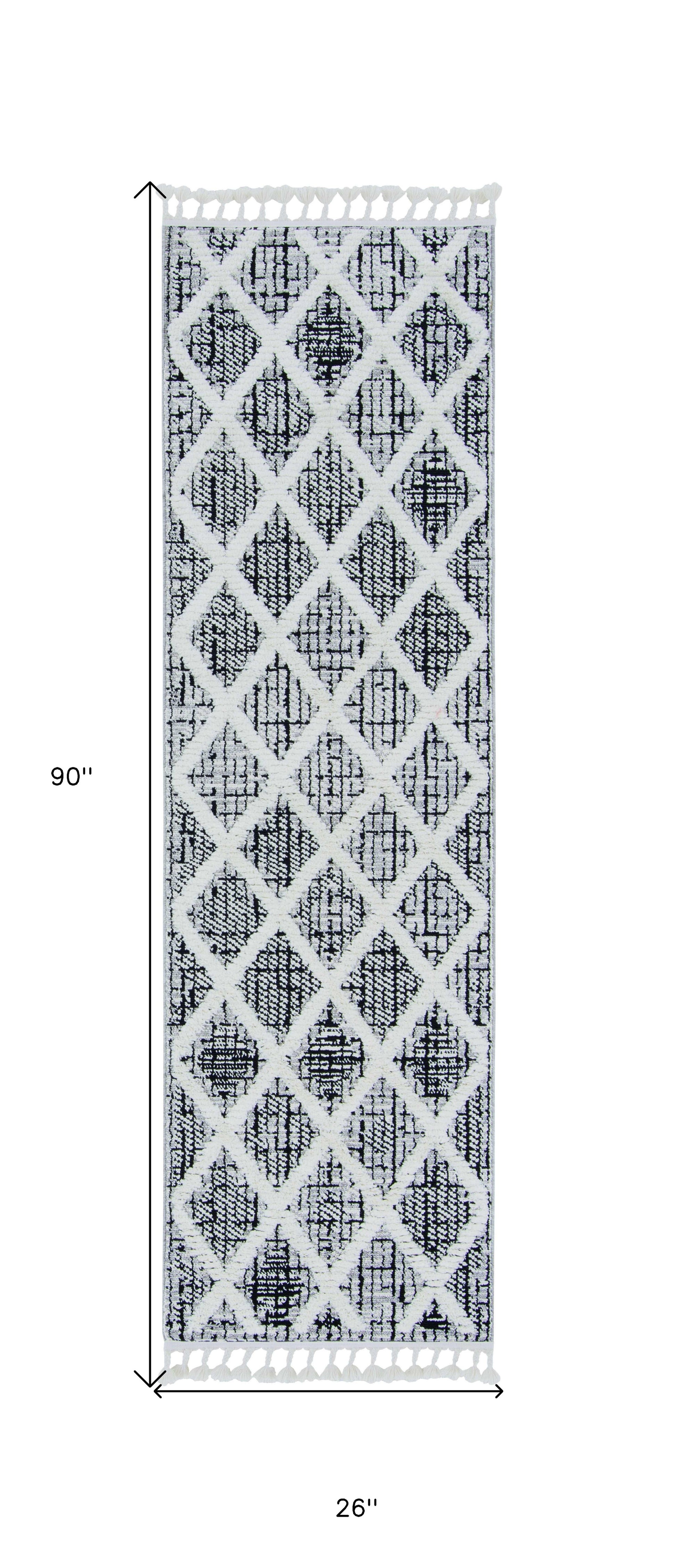 8' Cream And Charcoal Geometric Runner Rug-Area Rugs-DECOROLALA