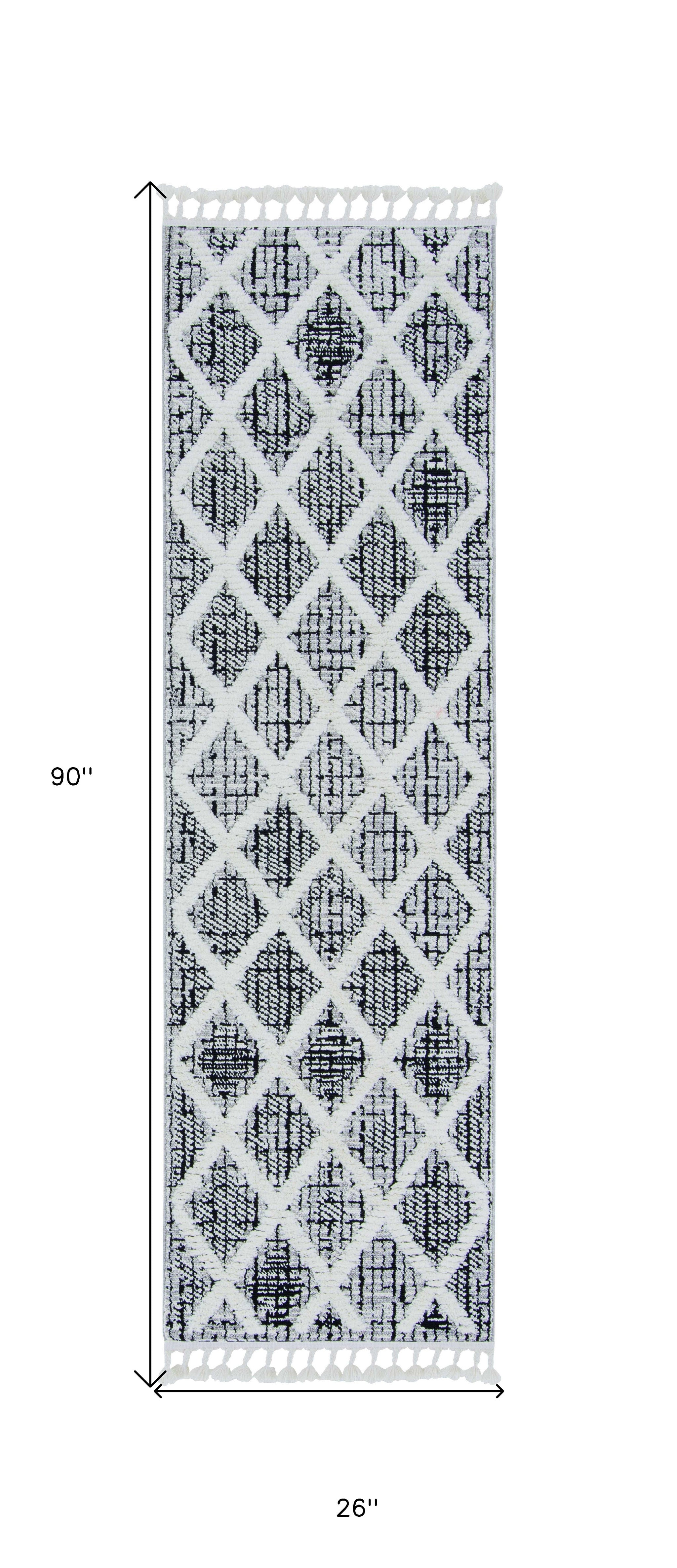 8' Cream And Charcoal Geometric Runner Rug-Area Rugs-DECOROLALA