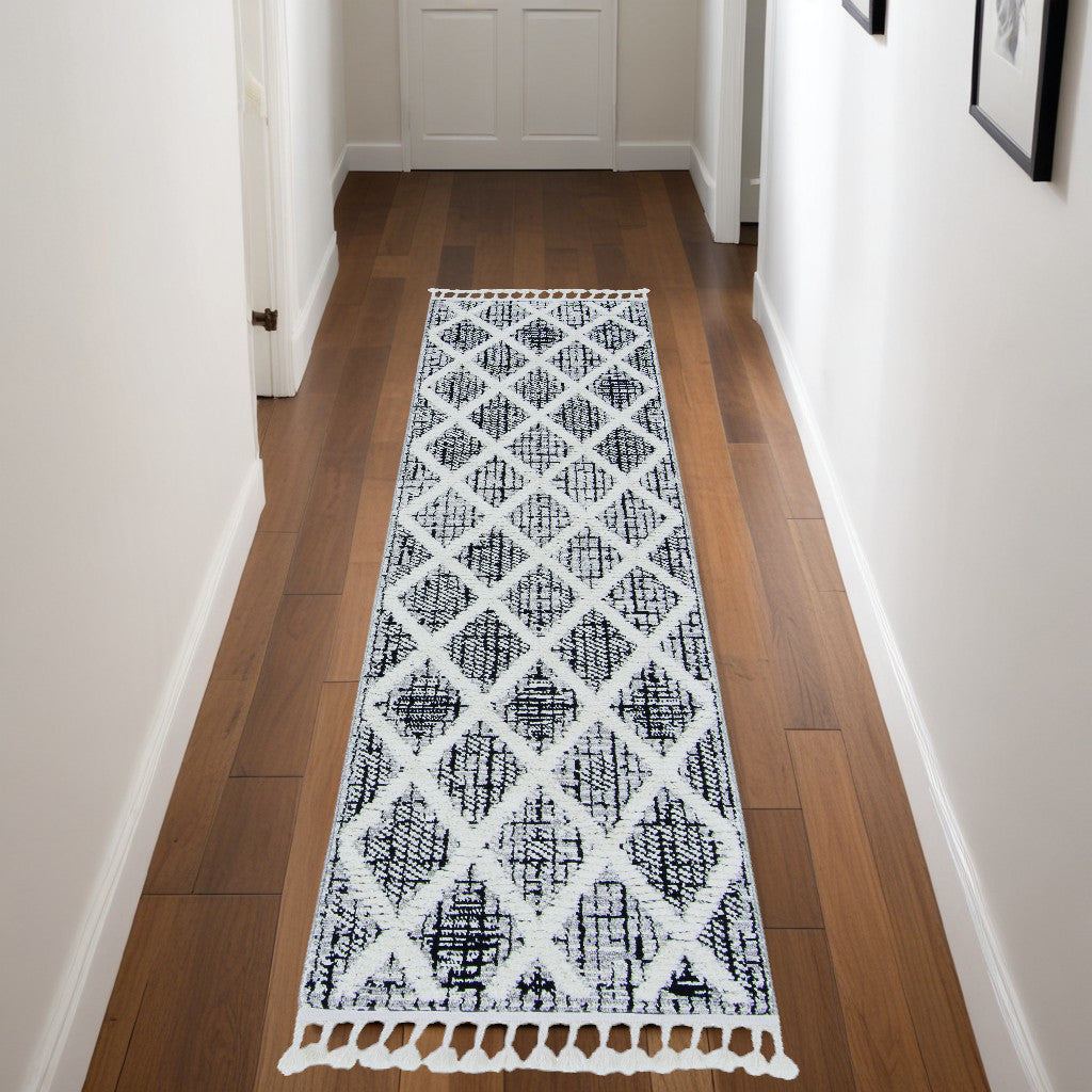 8' Cream And Charcoal Geometric Runner Rug-Area Rugs-DECOROLALA