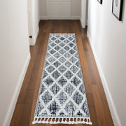 8' Cream And Charcoal Geometric Runner Rug-Area Rugs-DECOROLALA