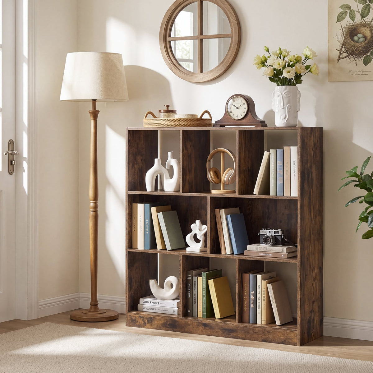 8-Cube Bookcase 3-Tier with 2-Sized Compartments and Anti-Tip Kits for Living Room-Rustic Brown-Bookcases-DECOROLALA