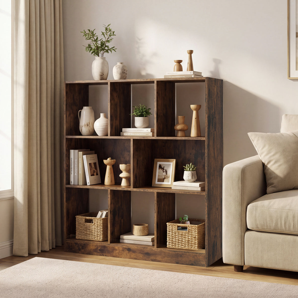 8-Cube Bookcase 3-Tier with 2-Sized Compartments and Anti-Tip Kits for Living Room-Rustic Brown-Bookcases-DECOROLALA