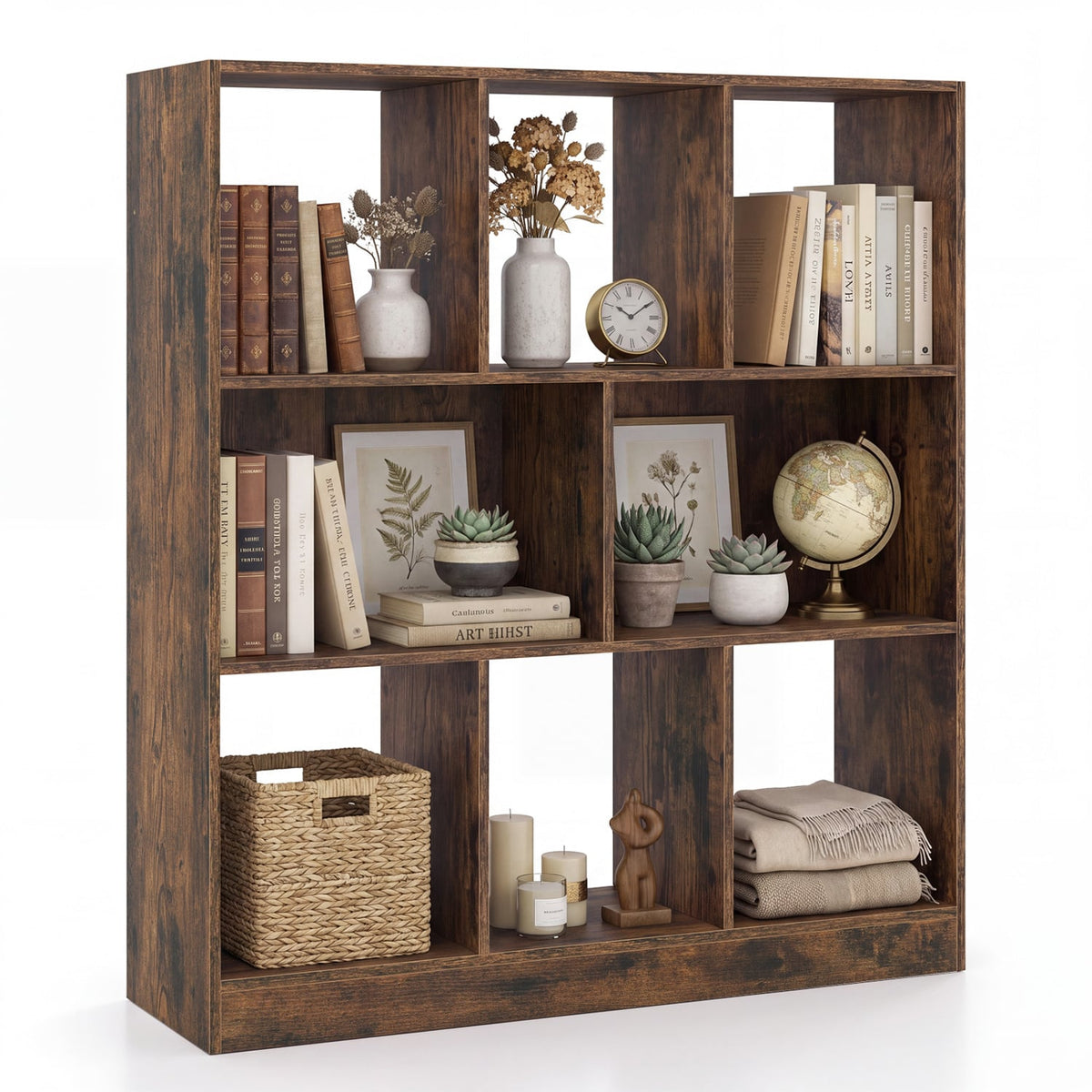 8-Cube Bookcase 3-Tier with 2-Sized Compartments and Anti-Tip Kits for Living Room-Rustic Brown-Bookcases-DECOROLALA