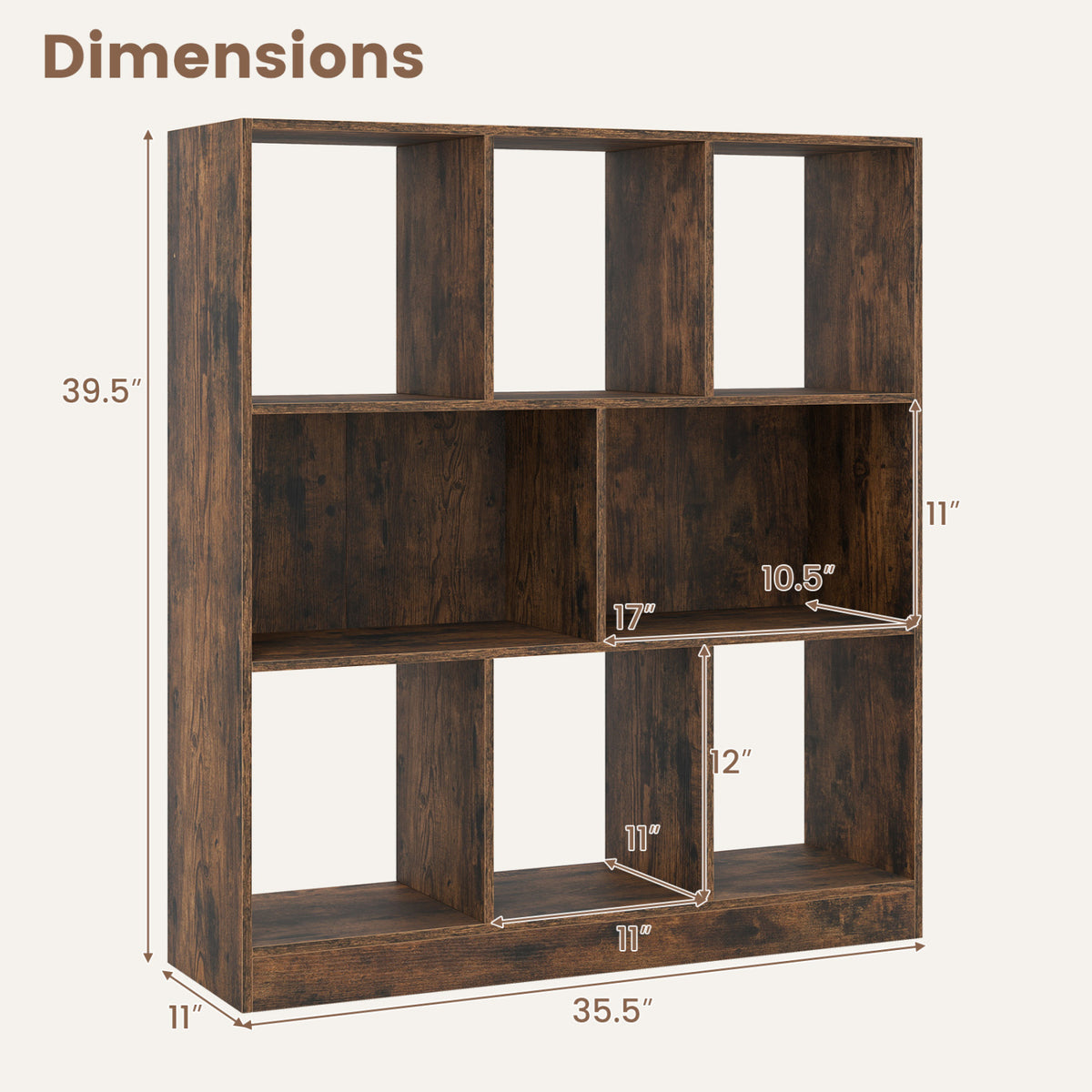 8-Cube Bookcase 3-Tier with 2-Sized Compartments and Anti-Tip Kits for Living Room-Rustic Brown-Bookcases-DECOROLALA