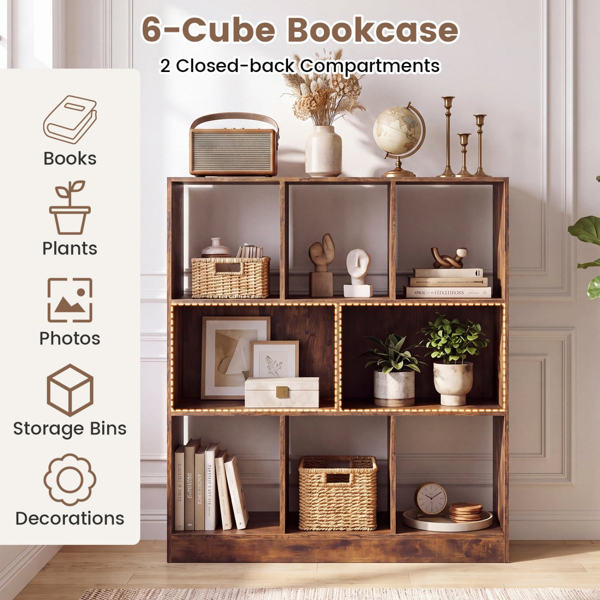 8-Cube Bookcase 3-Tier with 2-Sized Compartments and Anti-Tip Kits for Living Room-Rustic Brown-Bookcases-DECOROLALA