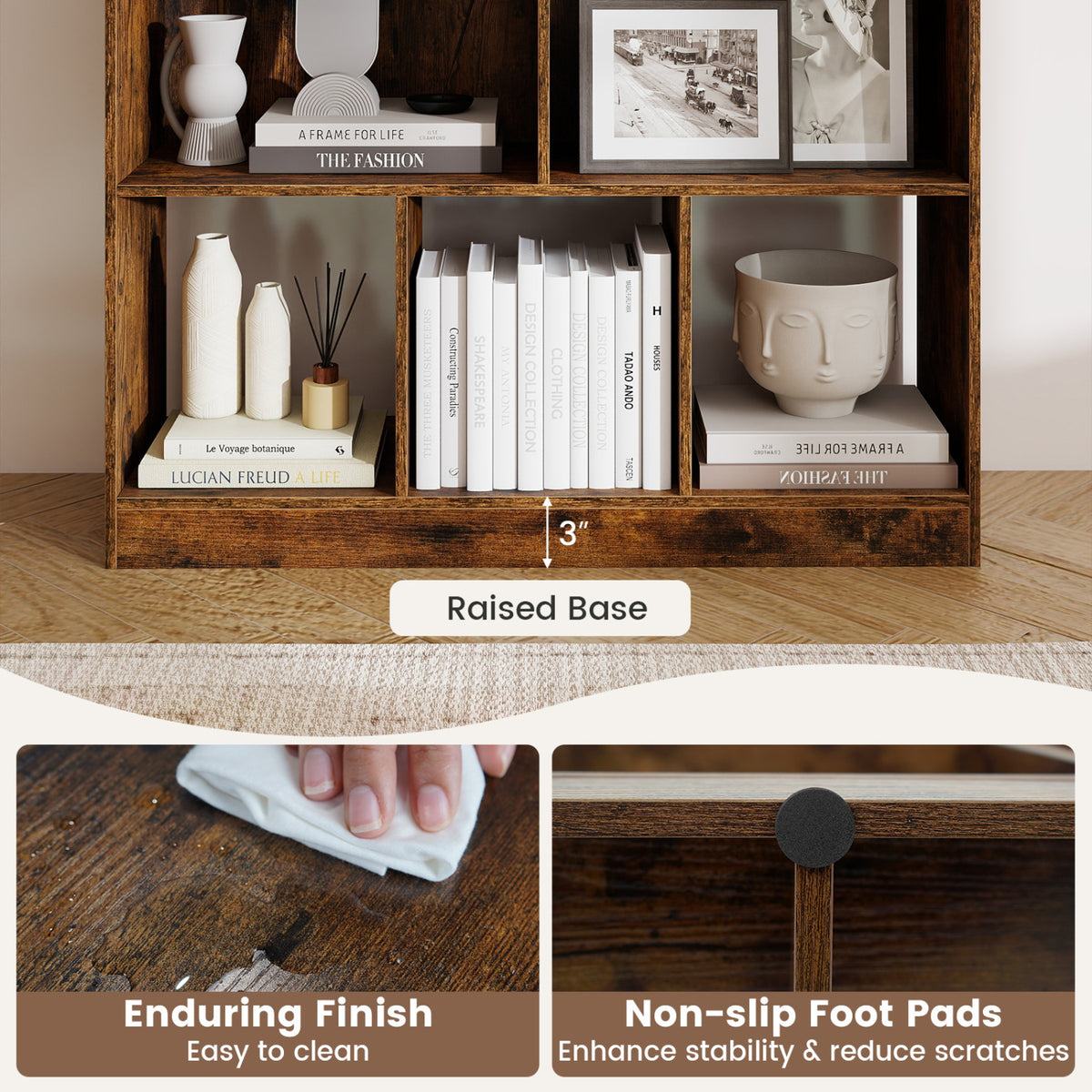 8-Cube Bookcase 3-Tier with 2-Sized Compartments and Anti-Tip Kits for Living Room-Rustic Brown-Bookcases-DECOROLALA
