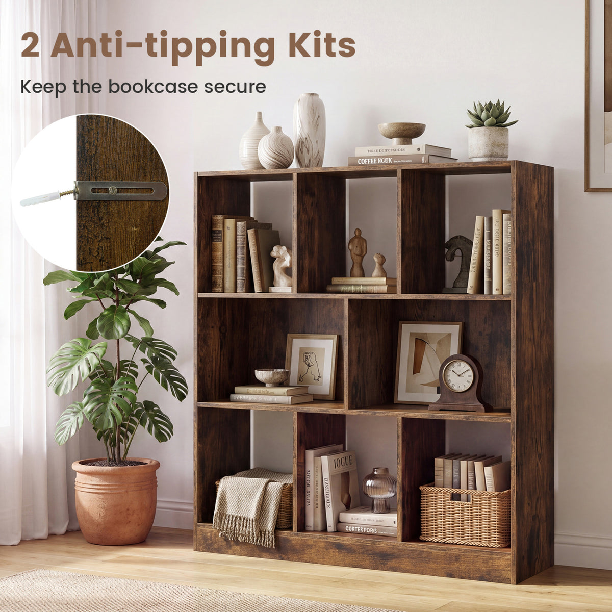 8-Cube Bookcase 3-Tier with 2-Sized Compartments and Anti-Tip Kits for Living Room-Rustic Brown-Bookcases-DECOROLALA