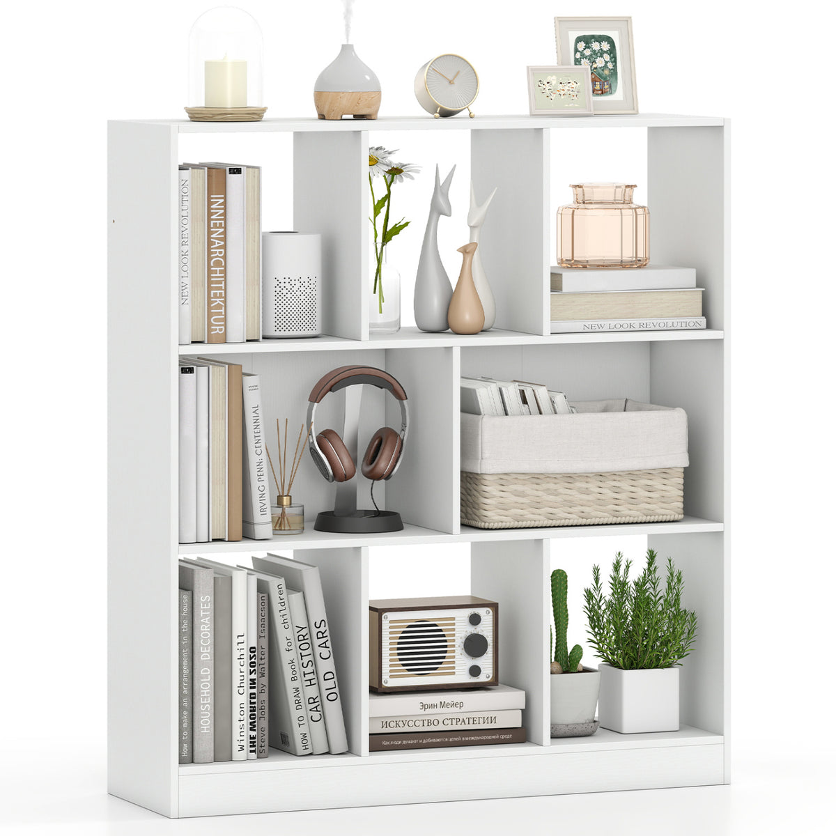 8-Cube Bookcase 3-Tier with 2-Sized Compartments and Anti-Tip Kits for Living Room-White-Bookcases-DECOROLALA