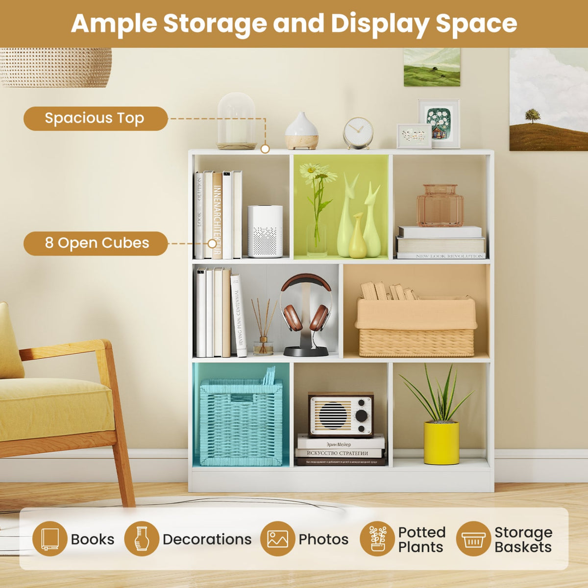 8-Cube Bookcase 3-Tier with 2-Sized Compartments and Anti-Tip Kits for Living Room-White-Bookcases-DECOROLALA