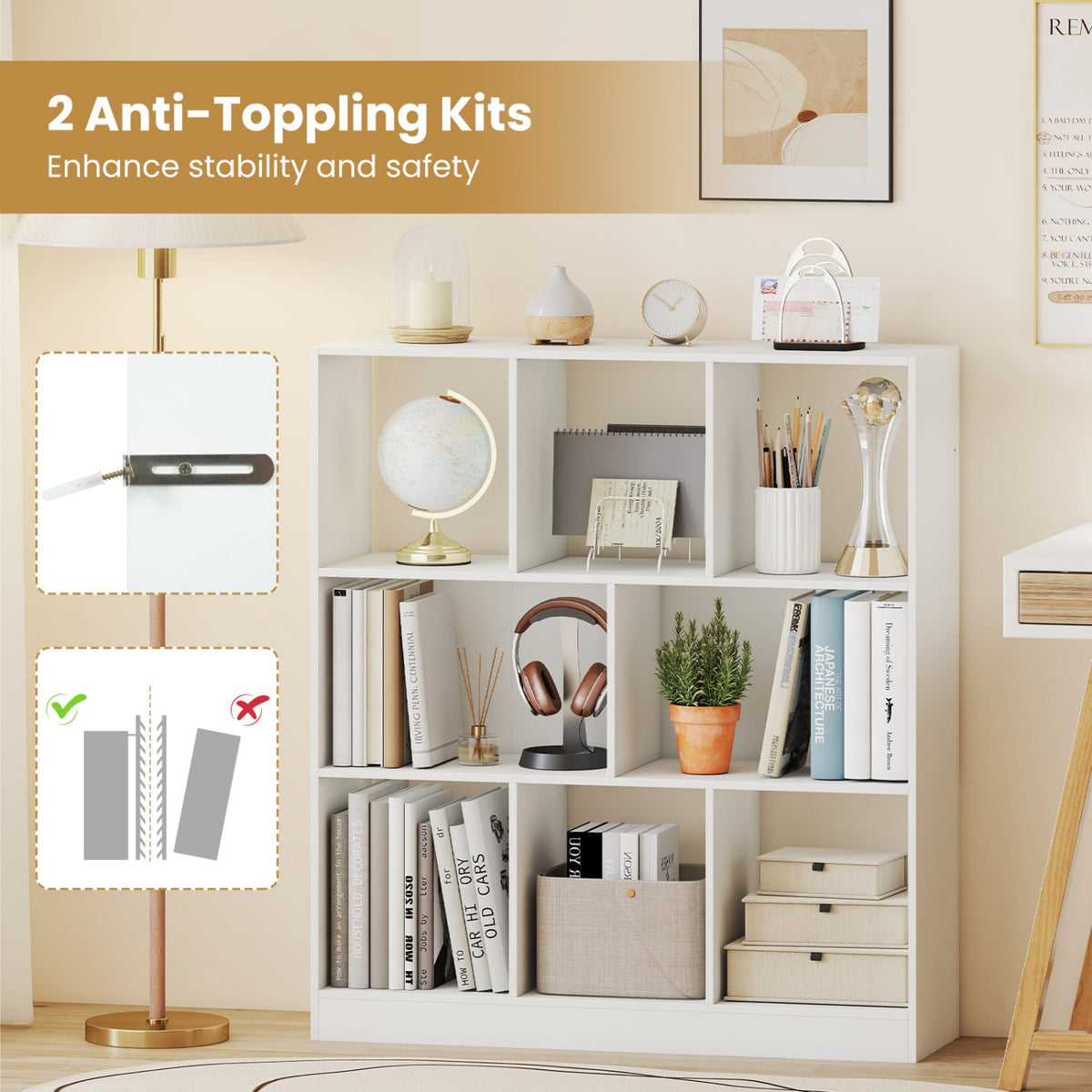 8-Cube Bookcase 3-Tier with 2-Sized Compartments and Anti-Tip Kits for Living Room-White-Bookcases-DECOROLALA