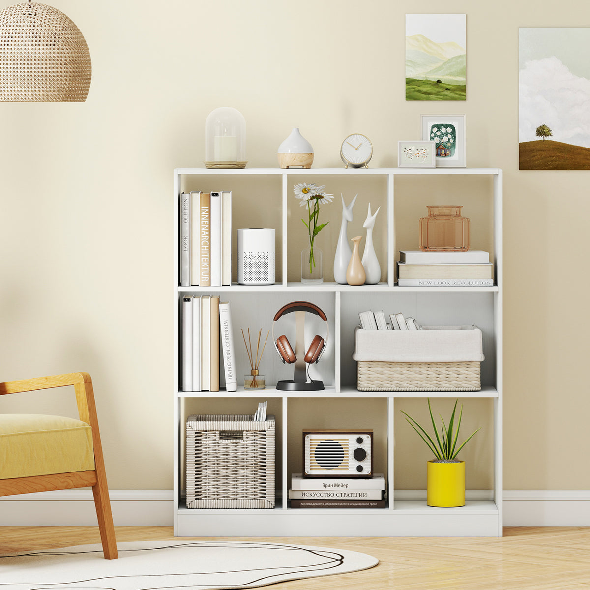 8-Cube Bookcase 3-Tier with 2-Sized Compartments and Anti-Tip Kits for Living Room-White-Bookcases-DECOROLALA