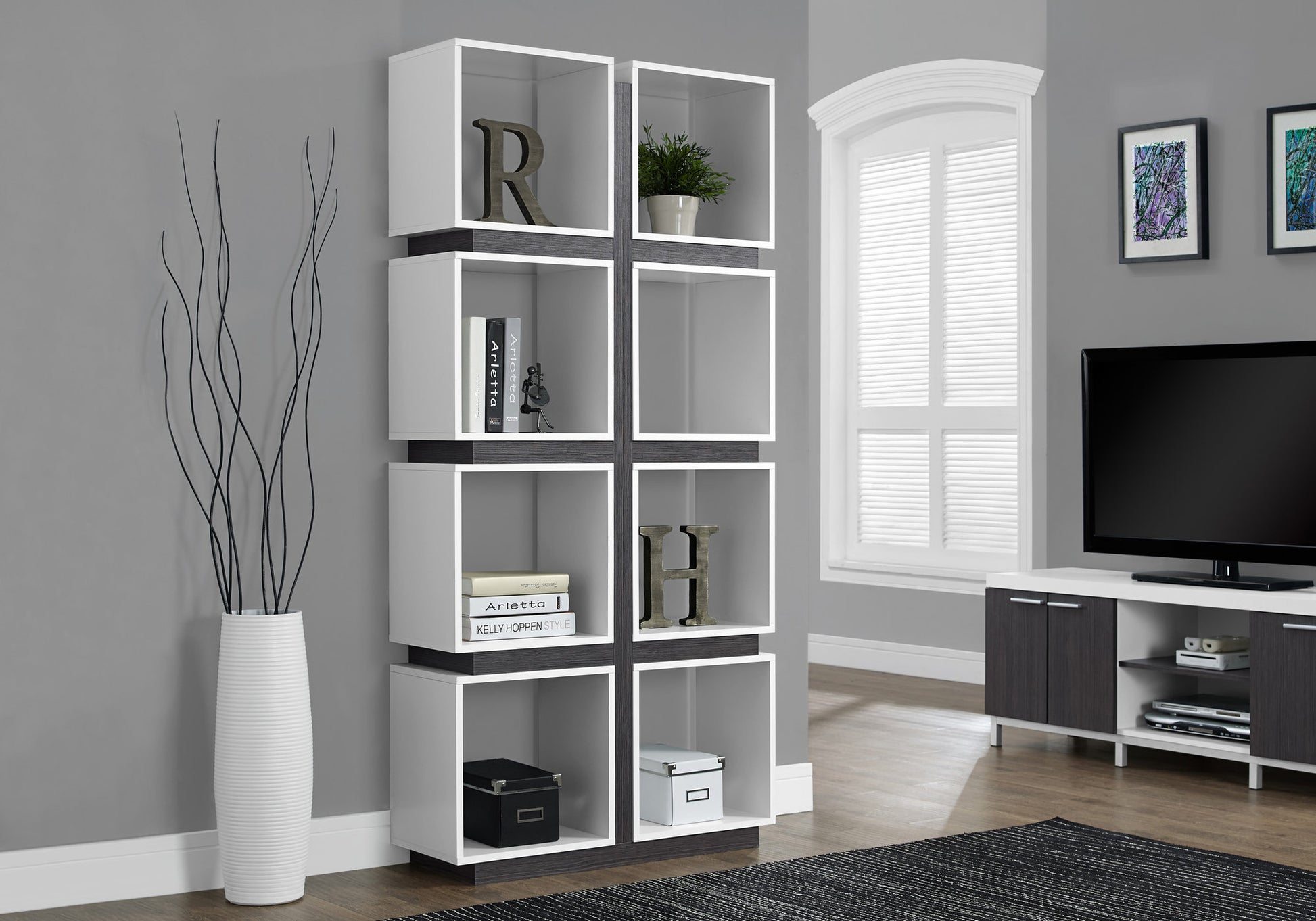 8-Cube Bookcase 71"H White & Grey-Bookshelf-DECOROLALA