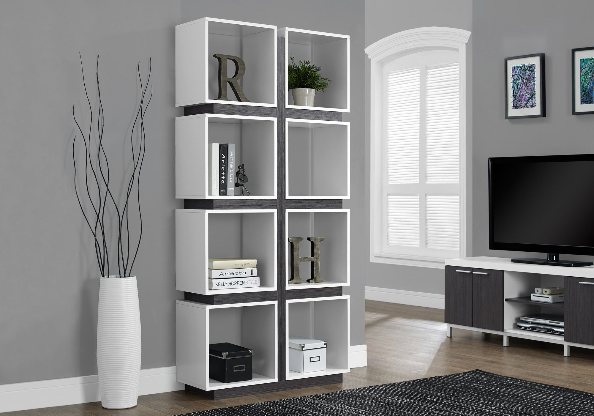 8-Cube Bookcase 71"H White & Grey-Bookshelf-DECOROLALA