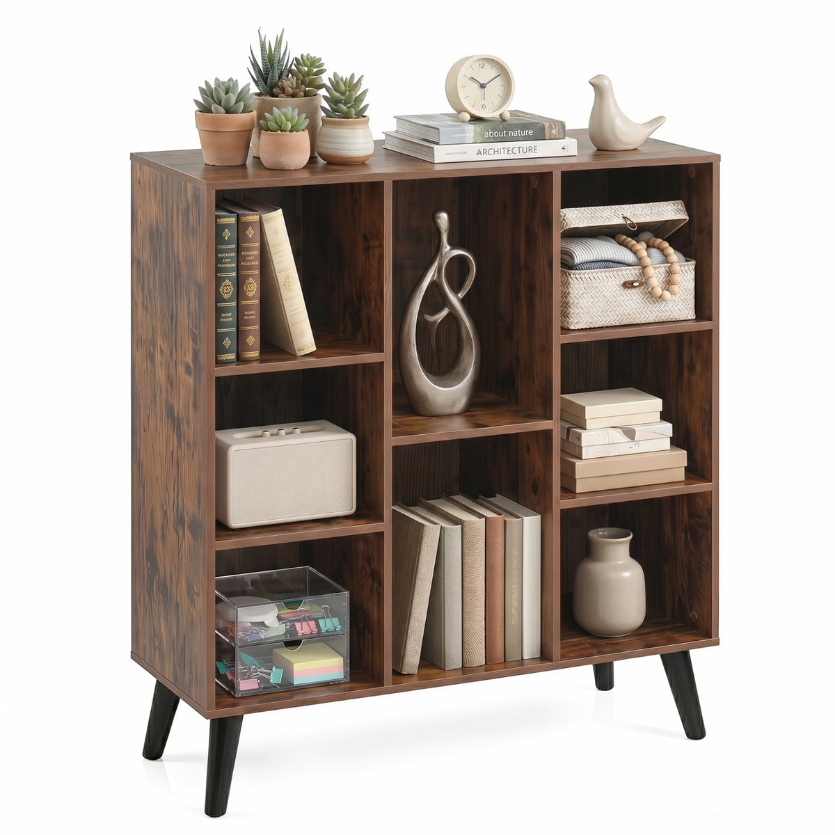 8-Cube Bookcase with Raised Support Legs for Living Room-Rustic Brown-Bookcases-DECOROLALA