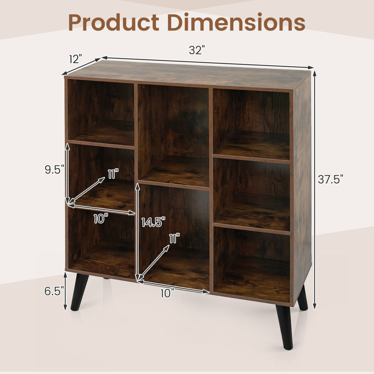8-Cube Bookcase with Raised Support Legs for Living Room-Rustic Brown-Bookcases-DECOROLALA